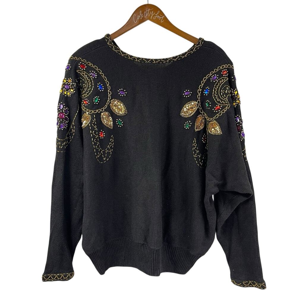 Not So Ugly Christmas Sweater Black Gold Beaded Gems Pullover Whimsical